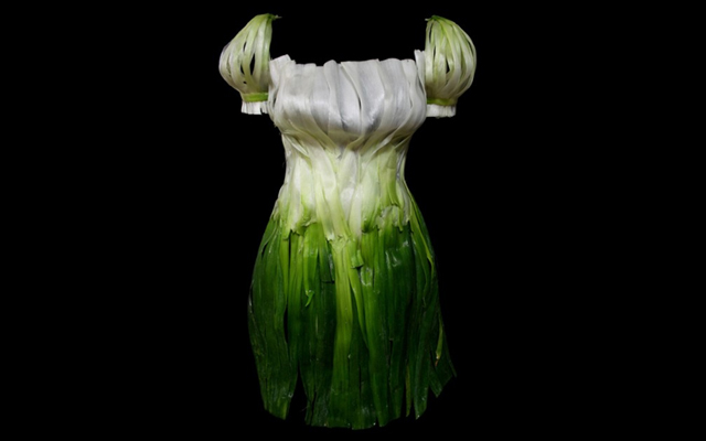 الصورة: فستان مصنوع من البصل الأخضر من تصميم و تصوير الفنانة الكورية الجنوبية سانغ يونجو