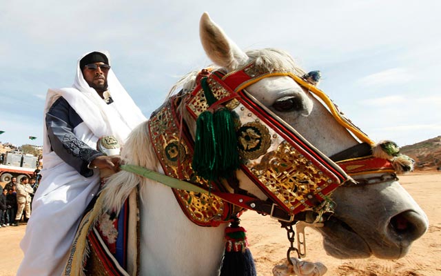 الصورة: فارس يرتدي اللباس التقليدي للزنتان، احتفالا بتحرير ليبيا في الجبال الغربية. رويترز