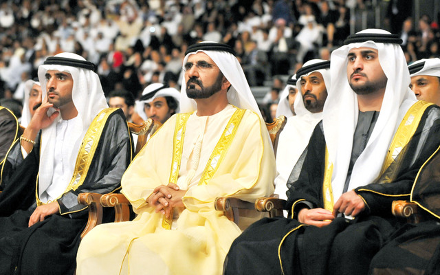 "محمد بن راشد وحمدان ومكتوم بن محمد خلال الحفل"