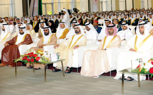 "نائب رئيس الدولة خلال حضوره حفل تخريج طلبة جامعة الإمارات بحضور عمار النعيمي ومحمد الشرقي وراشد بن سعود ومحمد القاسمي وطحنون بن محمد"
