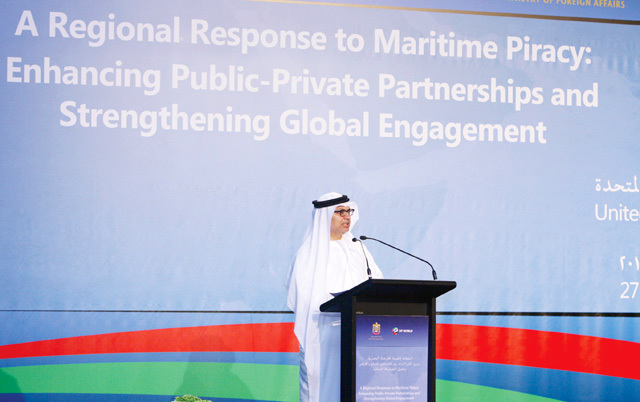 "د. أنور قرقاش يلقي كلمة عبدالله بن زايد في المؤتمر"