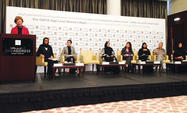 "ماري روبنسون تتحدث إلى المجتمعات خلال اللقاء الذي تم أمس في دبي\tالبيان"