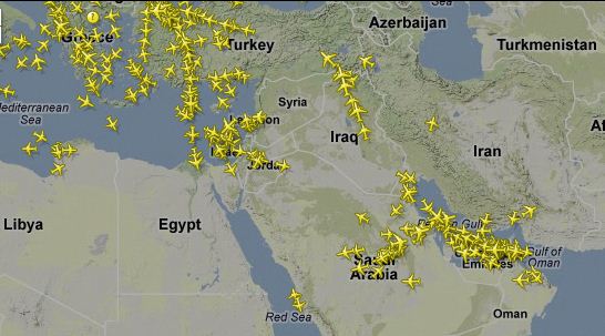 "حركة الطيران حاليا وفقاً لموقع فلايت رادار"