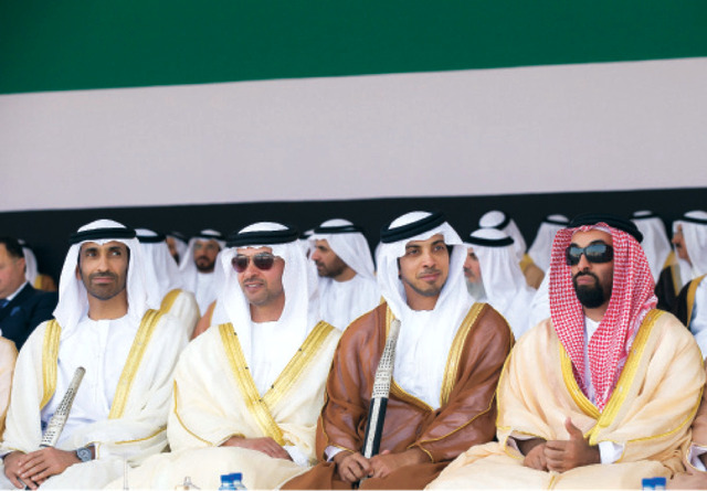 "سعيد وهزاع ومنصور وطحنون بن زايد خلال الحفل"