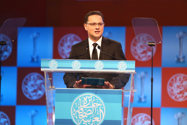 "الإعلامي المصري شريف حبيب متحدثاً للحضور"
