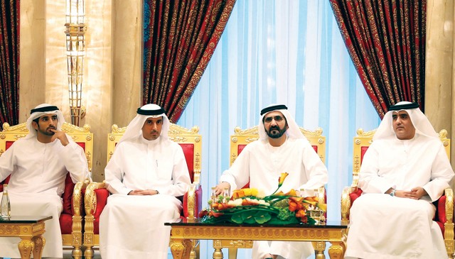 "محمد بن راشد وحمدان بن محمد خلال اللقاء مع الحميدان وبن هزيم"