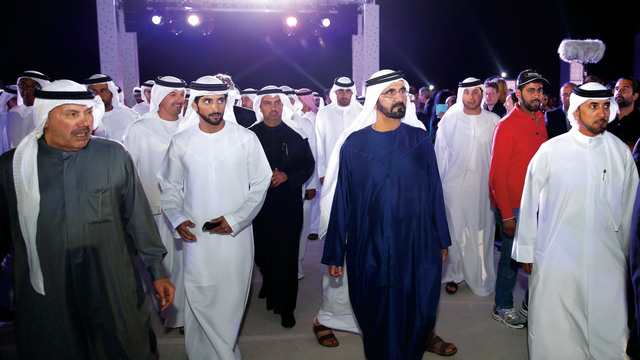 "محمد بن راشد وحمدان بن محمد خلال حفل استقبال ميدان تصوير - محمد هشام"