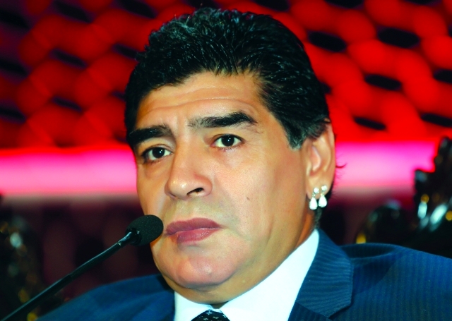"Diego Maradona, speaks during the Victorious conference in Dubai. January 13, 2014. Photo by Xavier Wilson"