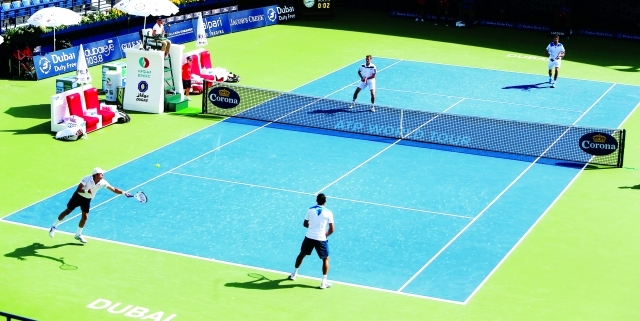 "Tennis dubles between Daniel Nestor fron Canada and Nenad Zimonjic from Serbia and Daniel Brands from Germony and Florian Mayer from Germony at Dubai Duty Free Tennis Chaimpionship in Dubai. February 28, 2014. Photo by Xavier Wilson"