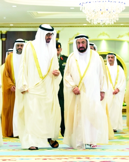"محمد بن زايد مستقبلاً سلطان القاسمي بحضور سلطان بن محمد وسيف بن زايد      وام"