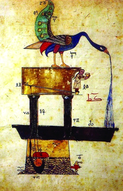 "كتاب الجامع بين العلم والعمل في الحيل للجزري 1354م - جهاز على شكل طاووس لغسل الأيدي - متحف بوسطن للفنون الجميلة"