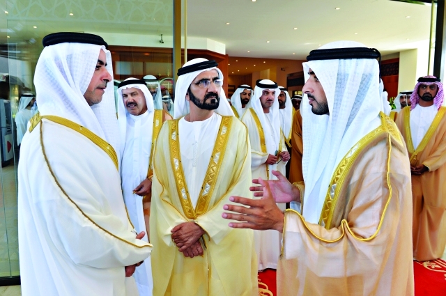 "محمد بن راشد وحمدان بن محمد وعمار النعيمي وسيف وهزاع بن زايد ومصبح الفتان خلال افتتاح أعمال المجلس الوطني"
