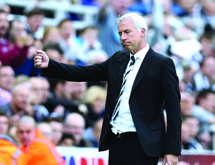 "Newcastle United's English manager Alan Pardew reacts to Newcastle's first goal during the English Premier League football match between Newcastle United and Hull City at St James' Park in Newcastle-upon-Tyne, north east England on September 20, 2014. AFP PHOTO/IAN MACNICOL RESTRICTED TO EDITORIAL USE. No use with unauthorized audio, video, data, fixture lists, club/league logos or “live” services. Online in-match use limited to 45 images, no video emulation. No use in betting, games or single club/league/player publications."