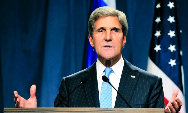 "GENEVA, SWITZERLAND - SEPTEMBER 12: US Secretary of State John Kerry speaks during a press conference with Russian Foreign Minister Sergey Lavrov at the Hotel Intercontinental on September 12, 2013 in Geneva, Switzerland. The leaders met to discuss chemical weapons in Syria in working towards assisting a U.N. Security Council resolution. (Photo by Harold Cunningham/Getty Images)"