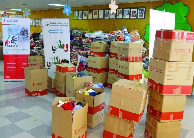 "جانب من تبرعات الطلبة في مدارس الإمارات الوطنية ــ من المصدر"