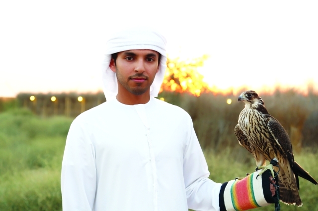 "سعيد يحمل صقره المفضل"