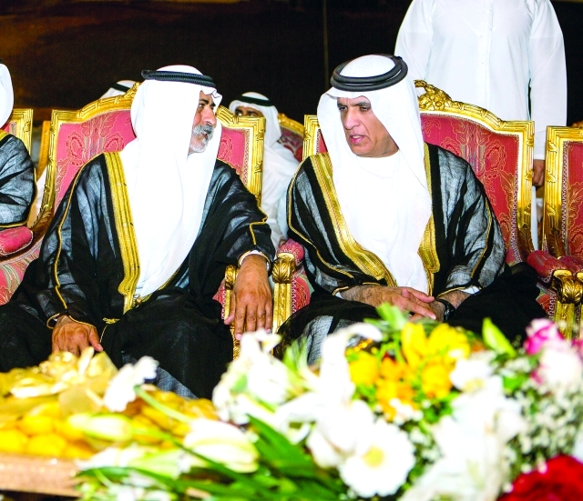"■ سعود بن صقر ونهيان بن مبارك خلال حفل الزفاف | وام"