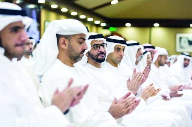 "■ حمدان وحامد وخالد بن زايد ونهيان بن مبارك وأحمد بن ناصر بن زايد والشيوخ خلال المحاضرة | وام"