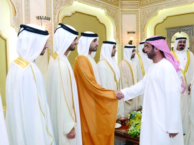 "■ أحمد وعبد العزيز وراشد بن حميد يتقبلون التهاني"