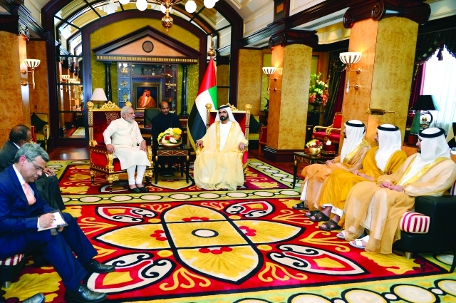 "■ محمد بن راشد يلتقي ناريندرا مودي بحضور حمدان ومكتوم بن محمد وعبدالله بن زايد | تصوير: سيف محمد وخليفة عيسى"