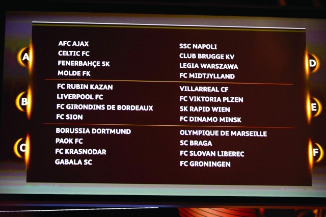 "A picture taken on August 28, 2015 shows boards displaying the names of European football teams during the draw for the UEFA Europa League group stage 2015/16 in Monaco. AFP PHOTO / VALERY HACHE"