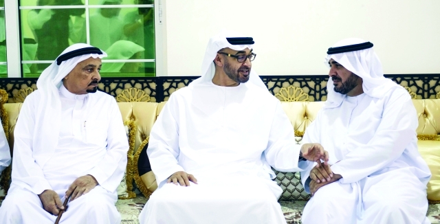 "■ محمد بن زايد وحميد النعيمي يقدمان العزاء لذوي الشهيد عبدالله الحمادي | وام"