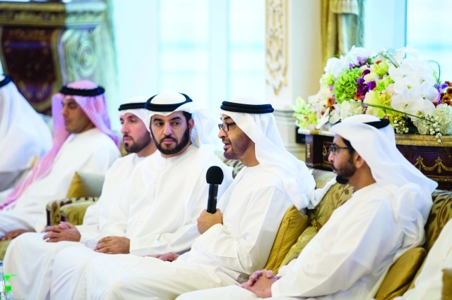 "ولي عهد أبوظبي متحدثاً خلال اللقاء بحضور حمدان بن زايد والمزروعي والفلاحي"