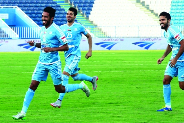 "■ فواز عوانة لاعب بني ياس يحتفل بهدف فريقه | البيان"