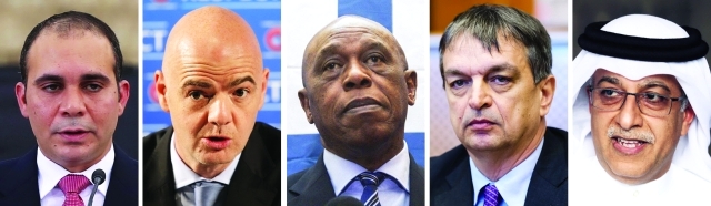 "FILE - The combo of file photo shows, from left, Jordan's Prince Ali bin al-Hussein,, UEFA Secretary General Gianni Infantino, Tokyo Sexwale, Jerome Champagne and Sheikh Salman bin Ebrahim Al Khalifa, wgi are the five declared candidates that FIFA announced Thursday, Nov. 12, 2015 for the Feb. 26 election, with Michel Platini a potential sixth man. Platini's candidature was not judged at this stage by the FIFA election committee pending his ethics case. (AP Photo/file)"
