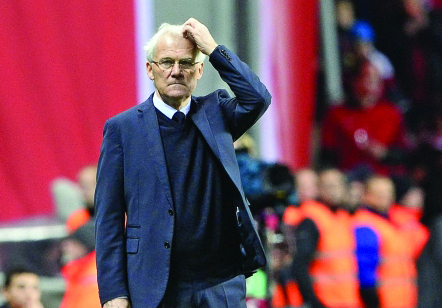 "Denmark's head coach Morten Olsen reacts during the Euro 2016 second leg play-off football match between Denmark and Sweden at Parken stadium in Copenhagen on November 17, 2015. AFP PHOTO / JONATHAN NACKSTRAND"