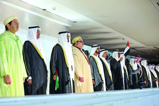 "■ محمد بن راشد ومحمد بن زايد والحكام خلال احتفالية «دام عزك يا وطن» بحضور العاهل المغربي وأولياء العهود | تصوير خليفة عيسى"