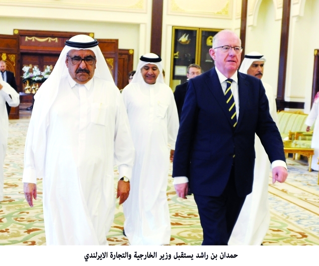 "■ حمدان بن راشد خلال استقبال وزير الخارجية الإيرلندي بحضور ميرزا الصايغ | وام"