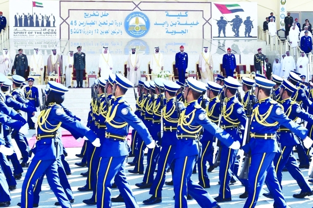 "محمد بن راشد خلال التفتيش على طابور الخريجين بحضور حمدان بن محمد وطحنون بن محمد وهزاع بن زايد"