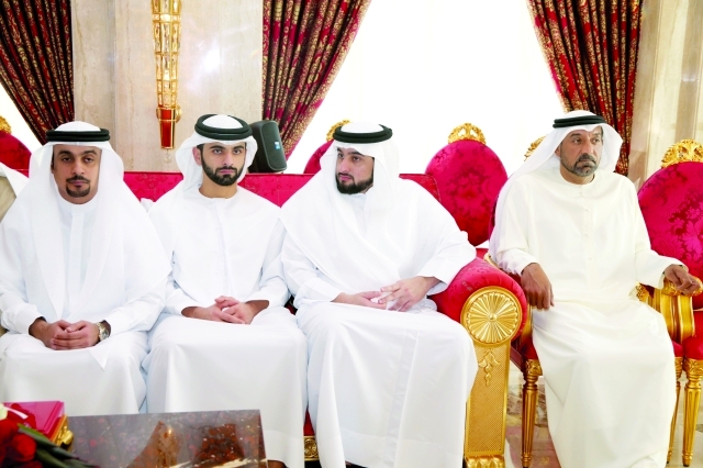 "■ أحمد بن سعيد وأحمد ومنصور بن محمد وفيصل حارب الذباحي خلال الاستقبال"