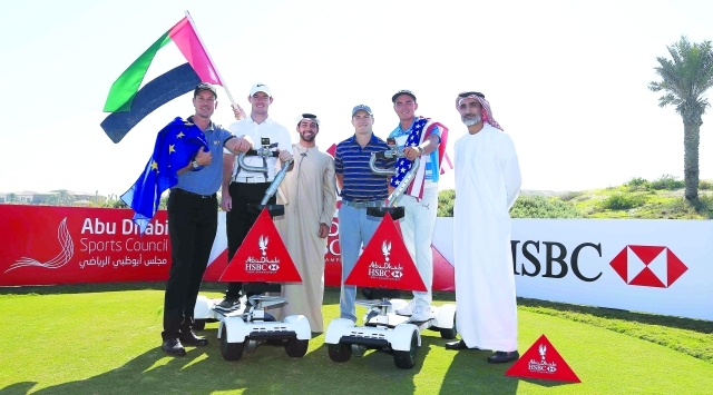 "ADSC representatives AbdulRaheem Al Hasheni and Saif Thabet launch the Rider Cup desert challenge at Saadiyat Beach Golf Club"