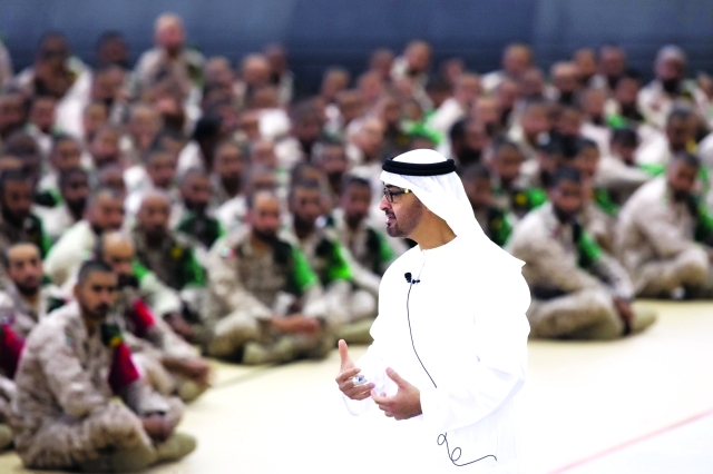 "■ محمد بن زايد مخاطباً أفراد الخدمة الوطنية في معسكر سيح حفير | وام"