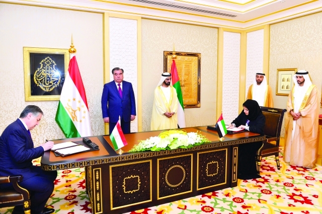 "■ نائب رئيس الدولة ورئيس طاجيكستان يشهدان توقيع ريم الهاشمي مذكرة تفاهم"