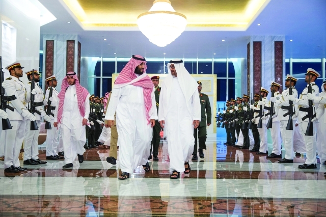 "■ محمد بن زايد خلال استقبال محمد بن سلمان | وام"