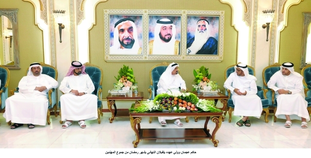 "■ حميد النعيمي وعمار بن حميد خلال استقبال محمد المري | وام"