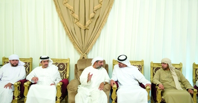 "■ محمد بن زايد معزياً أسرة الشهيد أحمد الزيودي بحضور عبد الله بن زايد"