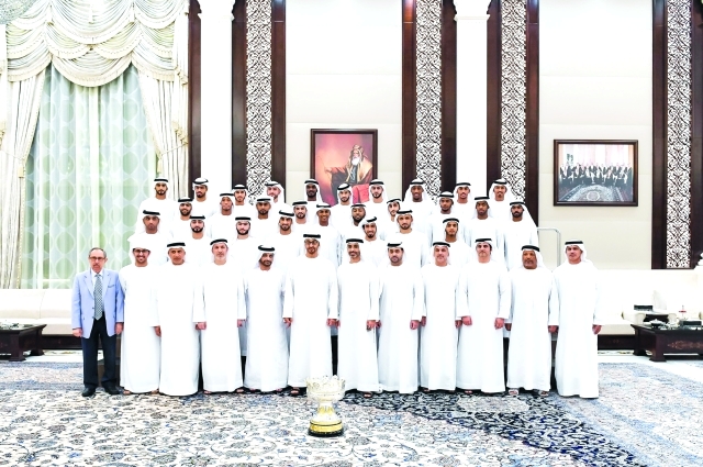 "■ محمد بن زايد خلال استقبال لاعبي وإدارة نادي الوحدة بحضور ذياب بن زايد | وام"