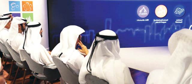 "محمد بن راشد مستمعاً لشرح عن استراتيجية دبي الصناعية بحضور حمدان ومكتوم بن محمد"