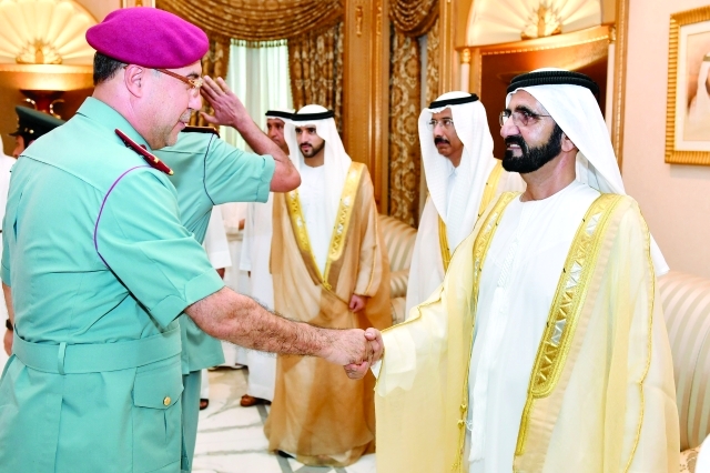 "■ سموه بحضور حمدان ومكتوم بن محمد يتلقى تهنئة رائد برقاوي"