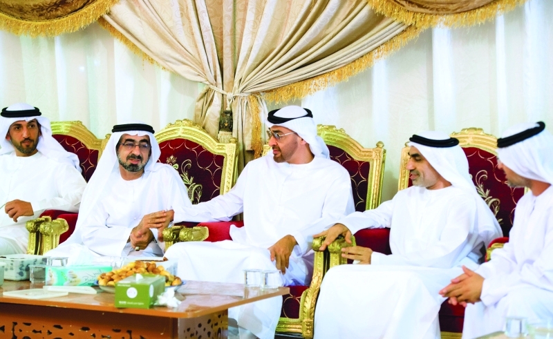 "■ محمد بن زايد خلال تقديم العزاء في وفاة راشد الظاهري | وام"