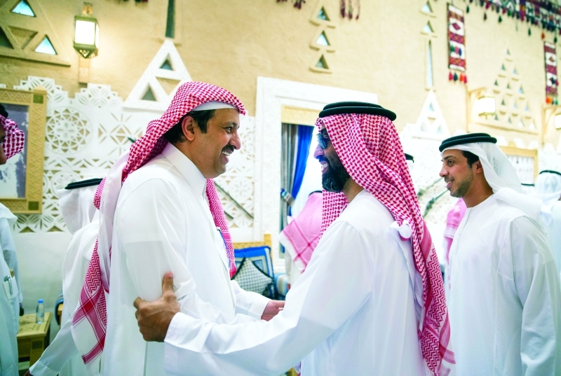 "طحنون ومنصور بن زايد خلال الاستقبال"