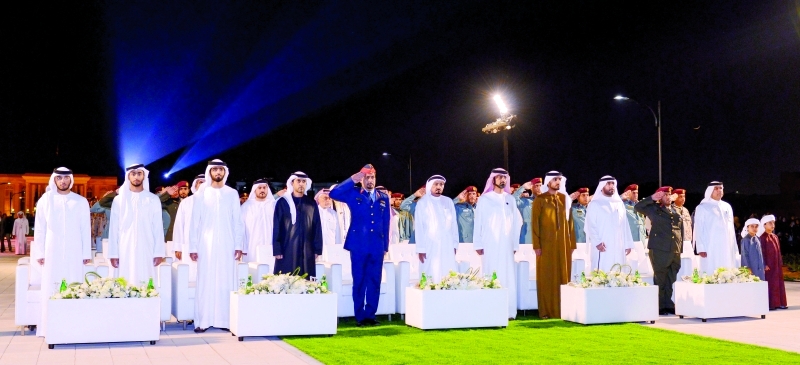 "■ حميد النعيمي وعمار بن حميد خلال حفل تدشين نصب الشهداء | وام"
