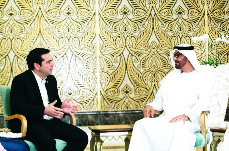 "■ محمد بن زايد خلال استقباله اليكسيس تسيبراس  |  وام"
