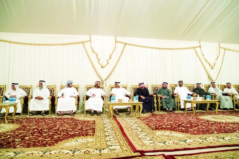 "■ محمد بن زايد يقدم واجب العزاء لأسرة الشهيد عبدالحميد الحمادي بحضور حسين الحمادي وسلطان وعبدالله بن عبد الحميد الحمادي وعبد الله الحمادي | وام"