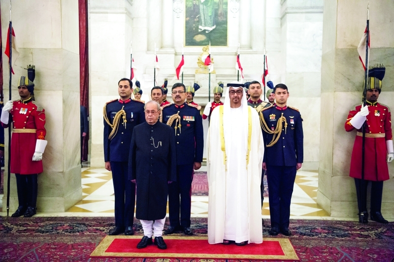 "■ محمد بن زايد وبراناب موخرجي خلال الاستقبال"