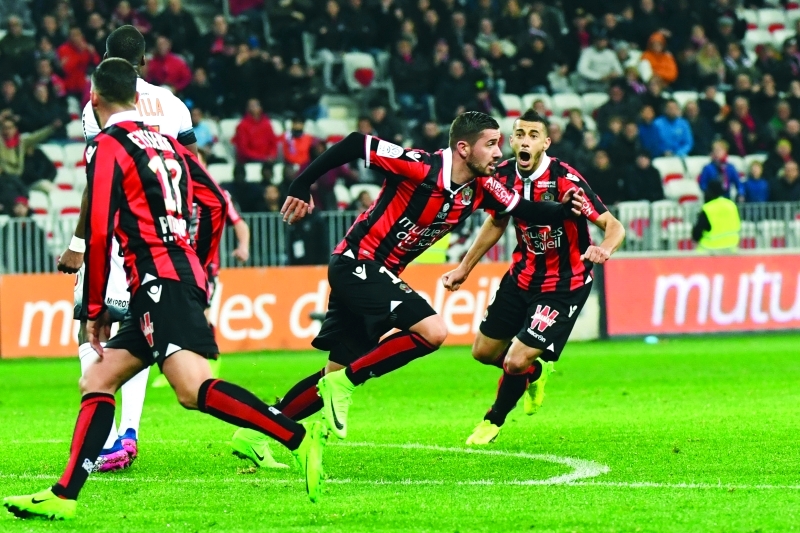 "■ ميكايل ليبيهان لاعب نيس يحتفل بعد تسجيله في شباك مونبيلييه | أ ف ب"